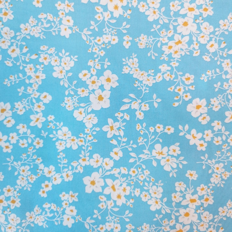 Floral Cotton Poplin- White Blooms on Turquoise